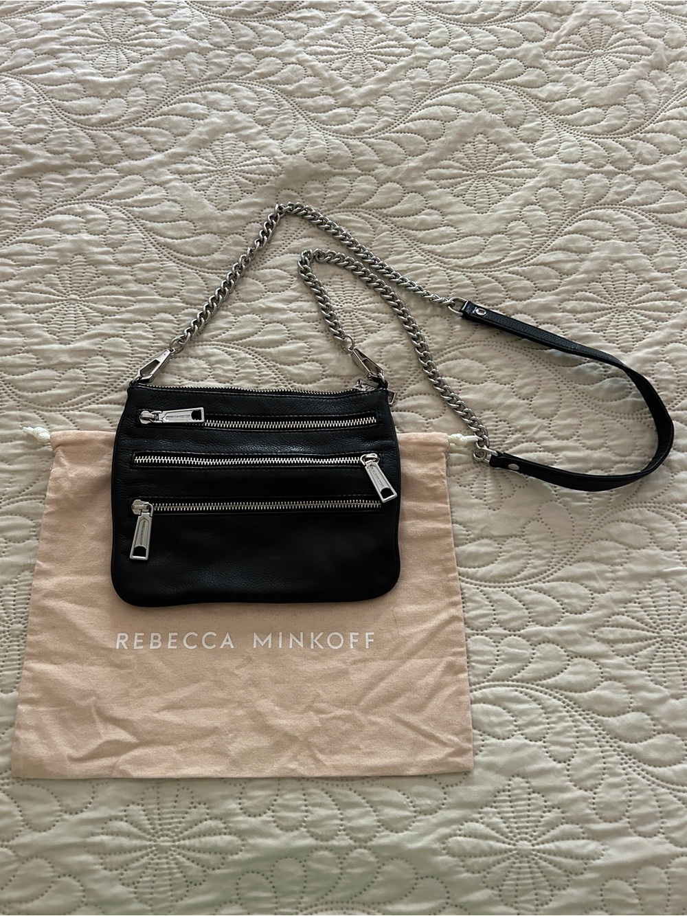 Rebecca Minkoff Black Leather Crossbody with Silver Chain and Zippers